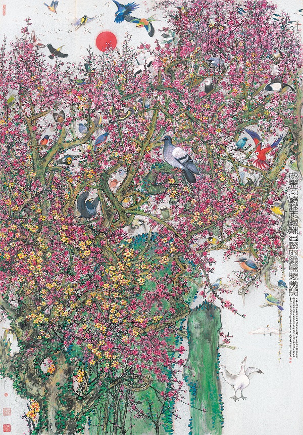 蕭暉榮 一帶一路 鳥鳴花開 Birds Sing and Flowers Bloom along the Belt and Road 設(shè)色銀箋 ink and color on silver paper 200×140cm 2016年作.jpg